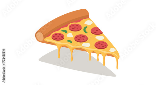 Delicious slice of pizza with melting cheese and pepperoni toppings in flat style