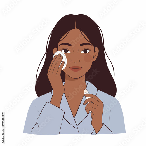 Flat Illustration Dark Skinned Woman Cleaning Face with Cotton Pad Beauty