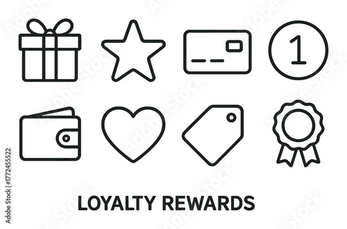 Loyalty rewards icons: gift, star, card, coin, wallet, heart, tag, ribbon