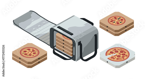 Isometric conveyor and pizza boxes modern food packaging and delivery concept