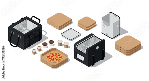 Isometric delivery set with pizza box, insulated bags, and beverage cups