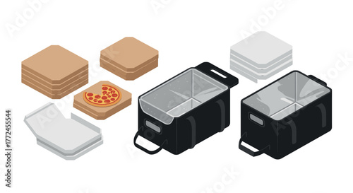 Isometric pizza delivery boxes and insulated bags for food transport