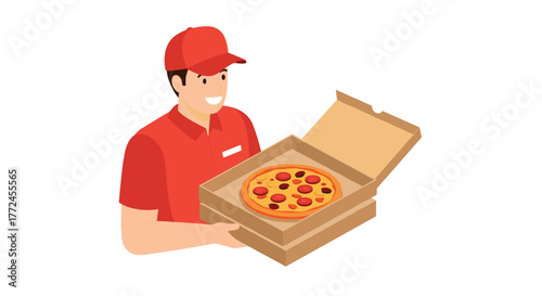 Delivery person holding pizza box in uniform