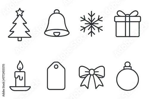 Gray christmas icons: tree, bell, snowflake, gift, candle, tag, bow, ornament