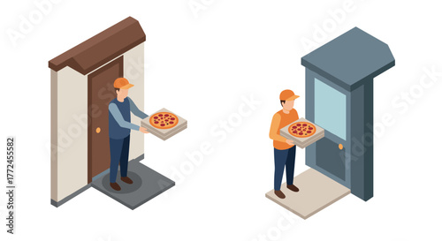 Pizza delivery in isometric style two couriers deliver pizzas to doors in various settings