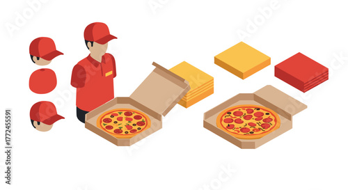 Isometric pizza delivery set with uniformed worker and open boxes