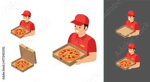 Pizza delivery service character in isometric style with open box pizza