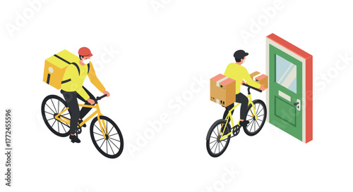 Bicycle delivery service with courier in uniform carrying packages to door