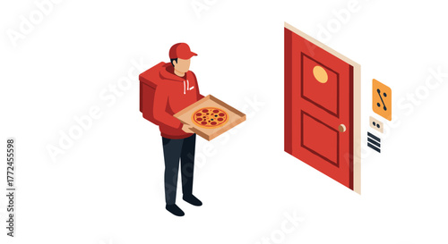 Isometric pizza delivery man standing at door with box in hand