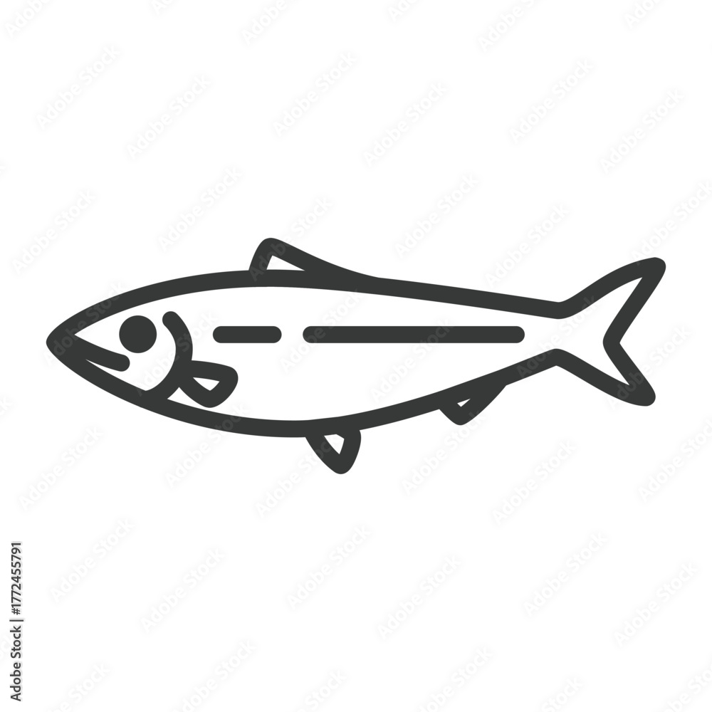 Fototapeta premium A stylized black fish icon is positioned horizontally against a white background It features simple line art defining its shape and internal details
