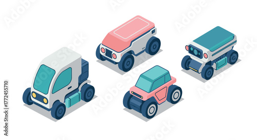 Modern isometric future cars in minimalist style featuring compact electric vehicles