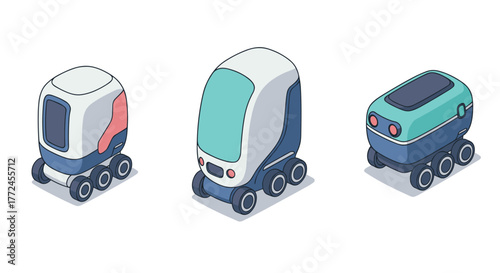 Futuristic isometric delivery robots on wheels