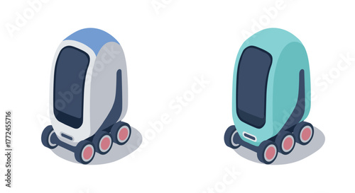 Isometric futuristic delivery robots with wheels on minimal white background