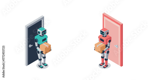 Robots exchanging packages in isometric doorway scene