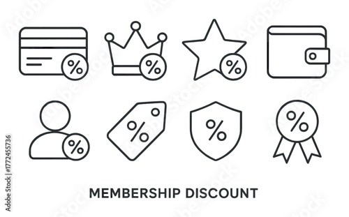 Membership discount icons: cards, crown, star, wallet, profile, tag, shield, ribbon