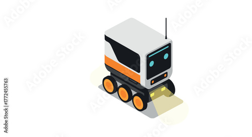 Cute isometric delivery robot with antenna and wheels