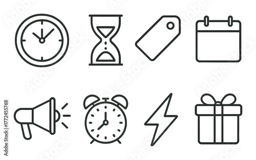Icons of time, tag, calendar, megaphone, alarm, energy, and gift on textured background