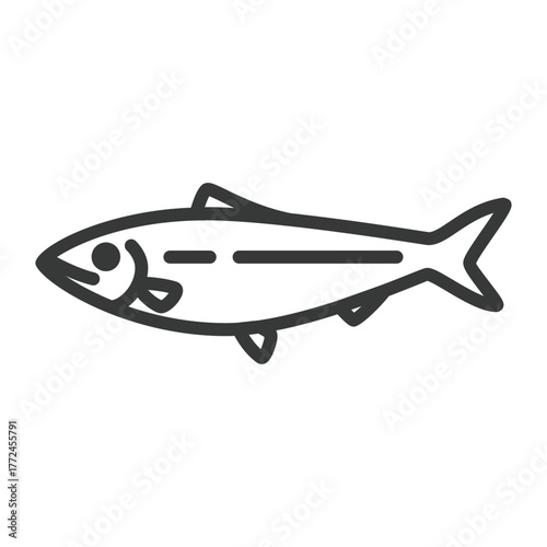 A stylized black fish icon is positioned horizontally against a white background It features simple line art defining its shape and internal details