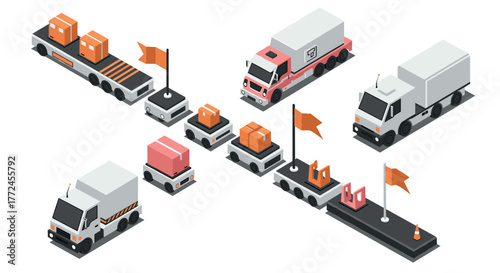 Isometric automated delivery system with trucks and conveyors