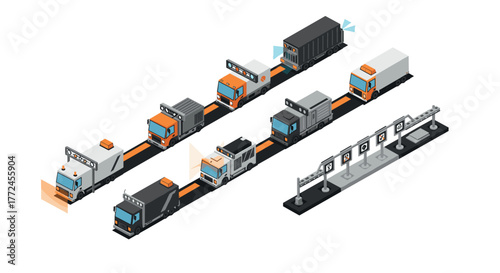 Isometric automated delivery trucks on highway with smart traffic signals