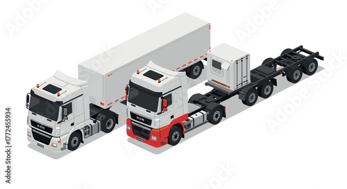 Modern isometric semi trucks with trailers and flatbed in white and red tones