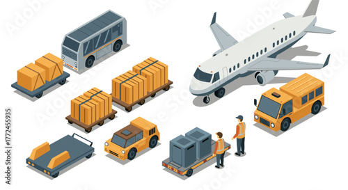Isometric airport logistics scene with cargo vehicles and airplane