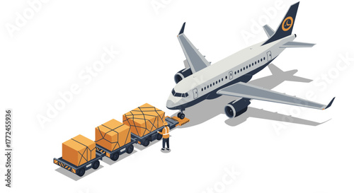 Isometric airplane cargo loading with worker and packages on trolleys