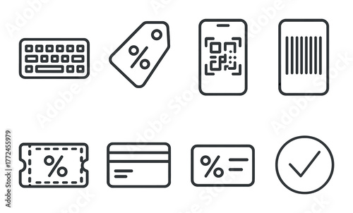 Blackout-themed icon set: keyboard, tag, qr code, barcode, coupon, card, percentage, checkmark