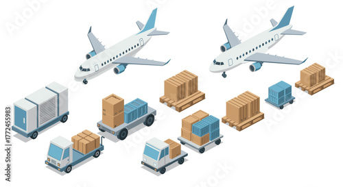 Isometric air cargo logistics with airplanes and delivery trucks