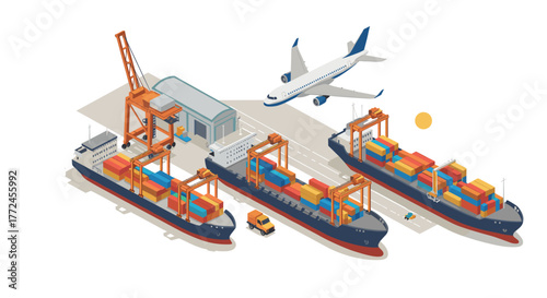 Isometric cargo port with ships, containers, airplane, and vehicles