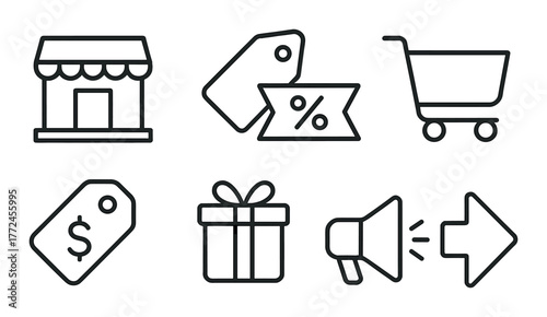 Shopping icons: store, price tags, cart, gift, megaphone