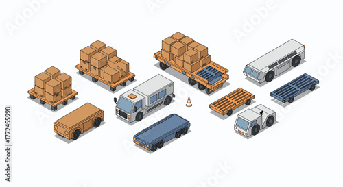 Isometric cargo trucks and trailers set with boxes and pallets