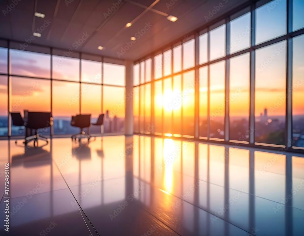 Fototapeta premium Modern office interior with large windows overlooking a city sunset