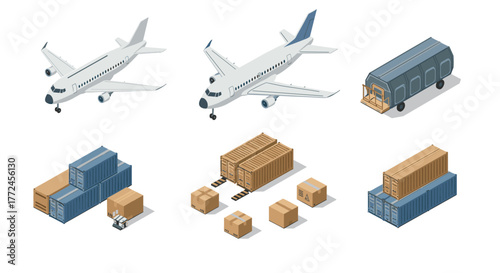 Isometric airplane and cargo containers for logistics and transportation