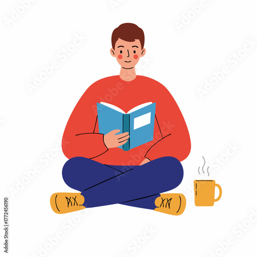 Flat Style Illustration of a Man Reading a Book While Sitting