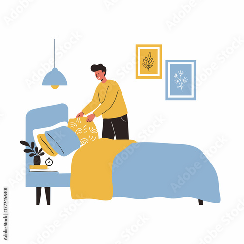 Flat Illustration Man Arranging Pillow on Bed in Bedroom Interior Scene