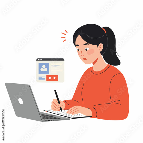 Flat Illustration Worried Woman Working with Laptop and Profile Page