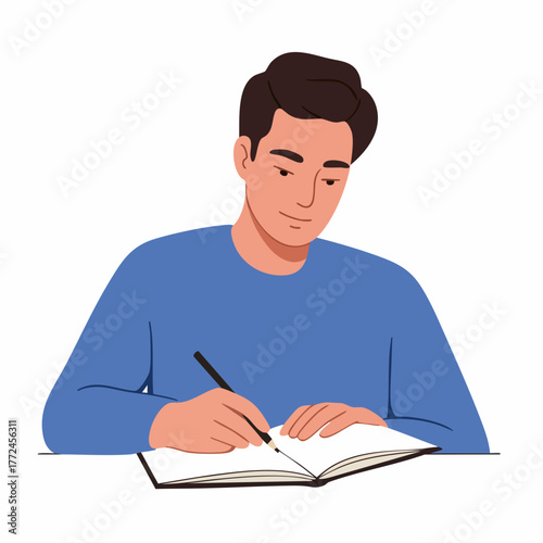 Flat Style Detailed Man Writing in a Notebook Illustration