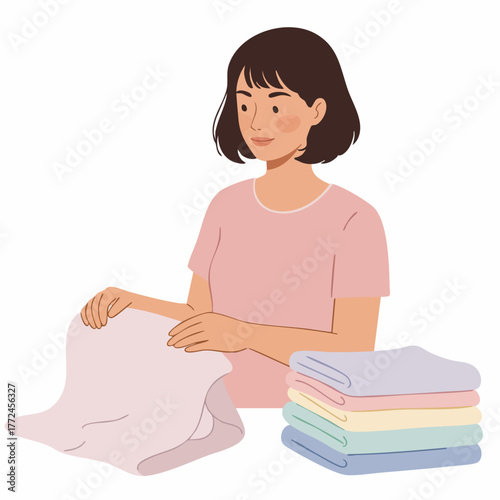Flat Illustration Smiling Woman Folding Clean Laundry Clothes at Home