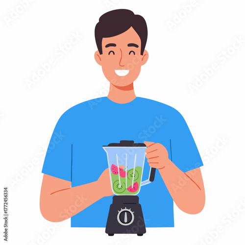 Flat Illustration of Cheerful Man Making Healthy Smoothie Drink at Home
