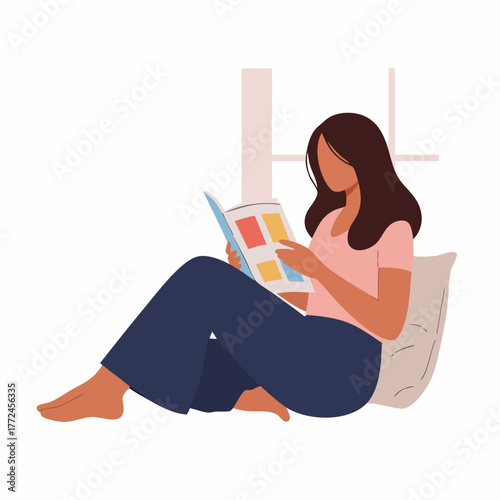 Flat Illustration of Woman Reading Book by the Window Illustration