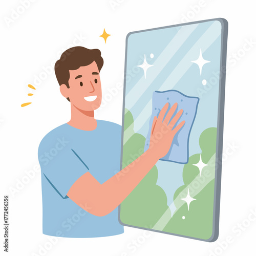 Flat Style Person Cleaning Mirror Glass with Cloth Illustration