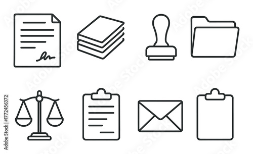 Legal and office icons on black background: documents, stamp, scale, folders, clipboard