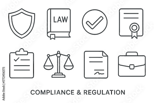 Compliance and regulation icons: law, shield, scale, document focusing on legal and business standards
