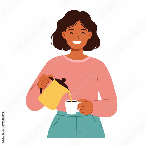 Flat Illustration of Young Woman Pouring Hot Drink from Kettle