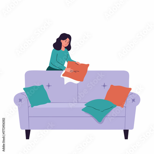 Flat Illustration Woman Decorating Living Room with Couch and Pillows