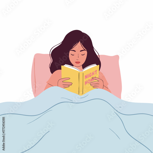 Flat Illustration of Young Woman Reading Book in Bed Relaxation Time