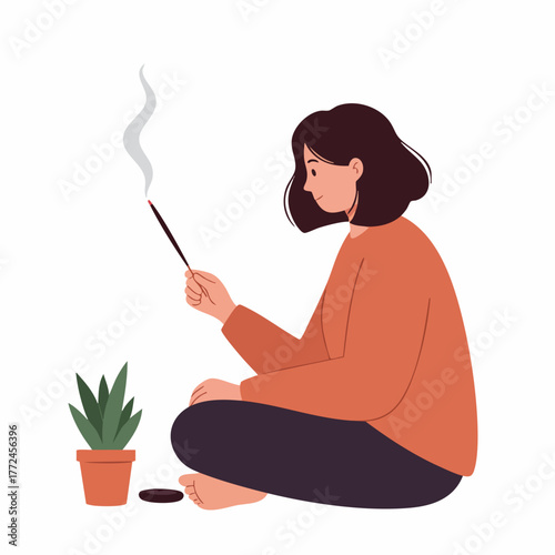 Flat Illustration Woman Meditating with Incense Stick and Houseplant Relaxation Concept