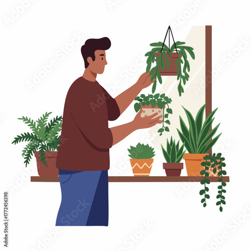 Flat Illustration Man Arranging Indoor Plant on Shelf Lifestyle Concept