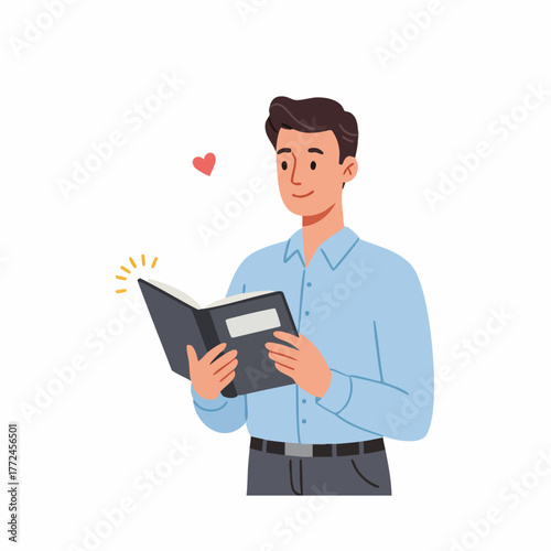 Flat Illustration Cheerful Man Reading a Book Enjoying the Story